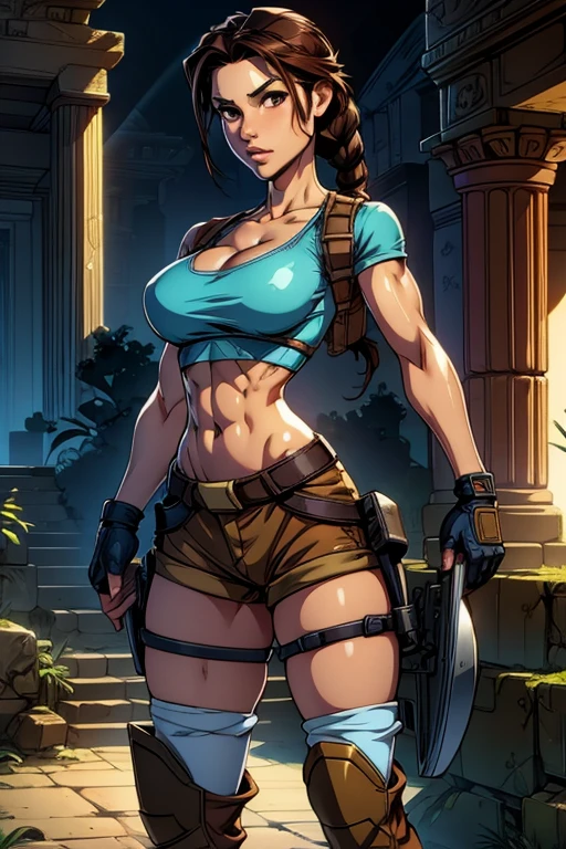 Lara Croft,(Standing:1.4), (blue top:1.2), cleavage, slim athletic physique, navel, thighs, slim waist, wide hips, wearing brown shorts, boots, knee pads, ancient temple,, white skin, dark auburn hair, brown eyes, big eyes, beautiful face, beautiful detailed eyes, beautiful detailed lips, puffy lips, beautiful detailed nose,, Anime art style, james lemay art style 