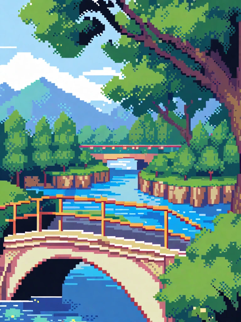 here is a painting of a bridge over a river with trees, pixel art, blue sky
