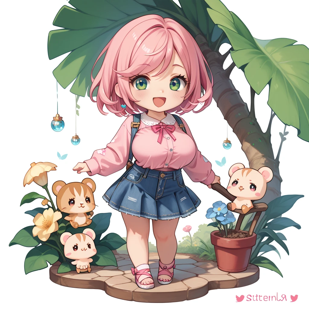 1girl, solo, chibi, chibi proportions, cute chibi, small chibi, happy,  beautiful green eyes, pink shirt, long sleeves, denim overall skirt, pink hair, short hair, swept bangs, large breasts, voluptuous, full body, white background, masterpiece quality, ultra HD, 4K, best quality,