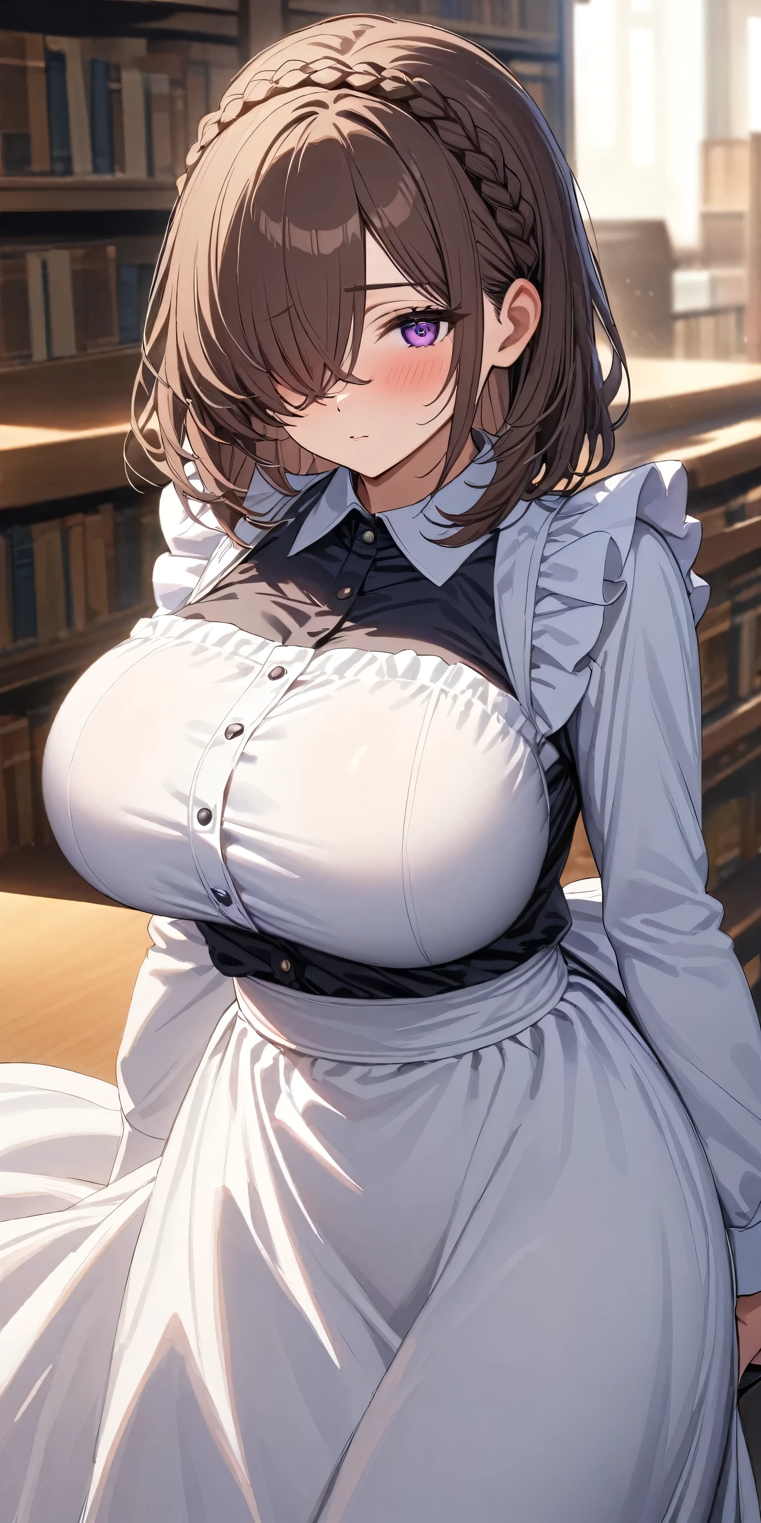 (masterpiece, Highest quality:1.2), (1girl), alone, ((medium hair)), ((dark brown hair)), (straight hair), ((hair over face)), (hair over one eye), crown braid, (black maid dress), white apron,long sleeves, long skirt, (purple eyes), (((big breast))), high detail, bloom, textured skin, natural light, (mature), ((detaile eyes)), library, (()), evening