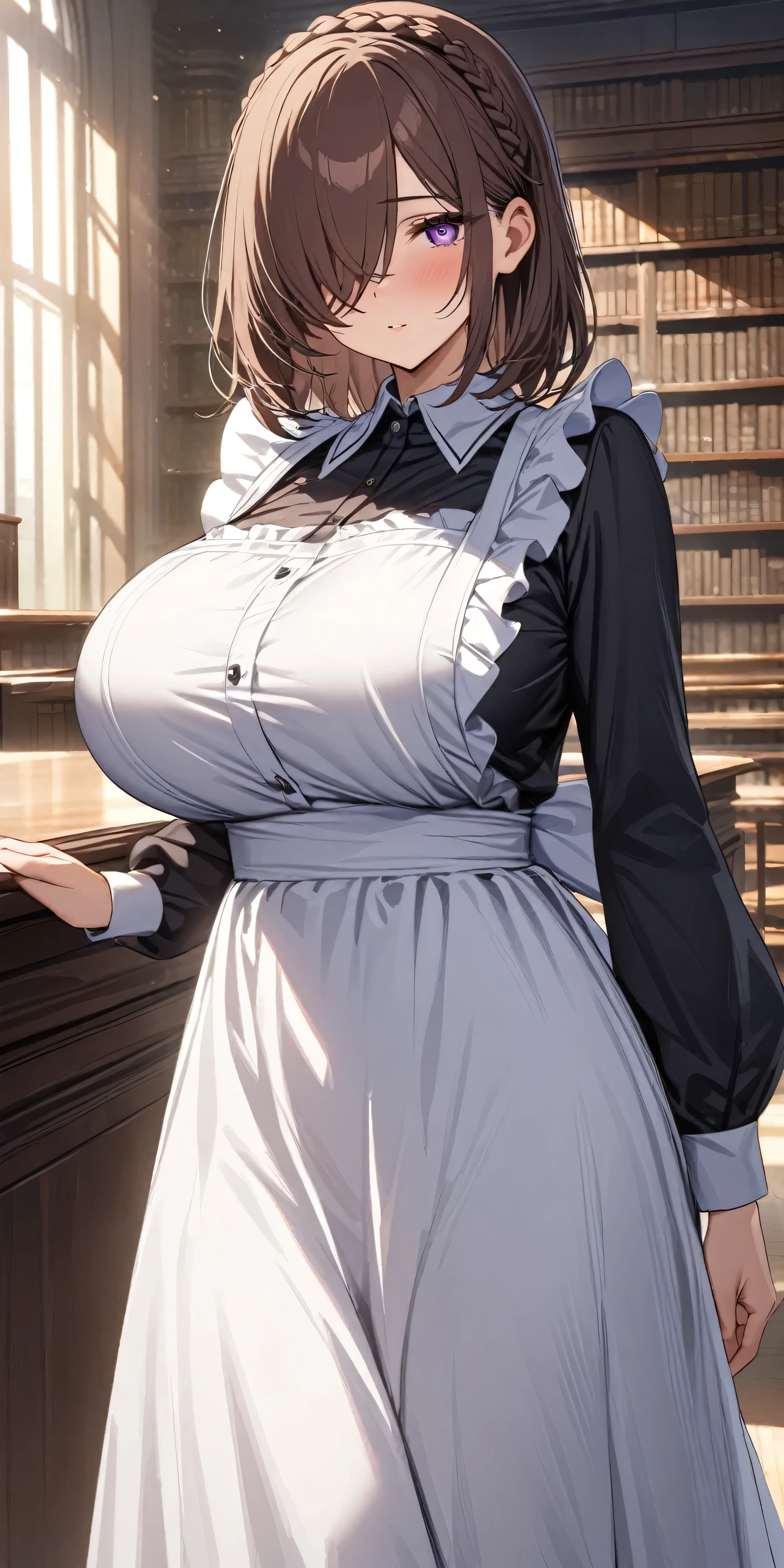 (masterpiece, Highest quality:1.2), (1girl), alone, ((medium hair)), ((dark brown hair)), (straight hair), ((hair over face)), (hair over one eye), crown braid, (black maid dress), white apron,long sleeves, long skirt, (purple eyes), (((big breast))), high detail, bloom, textured skin, natural light, (mature), ((detaile eyes)), library, (()), evening