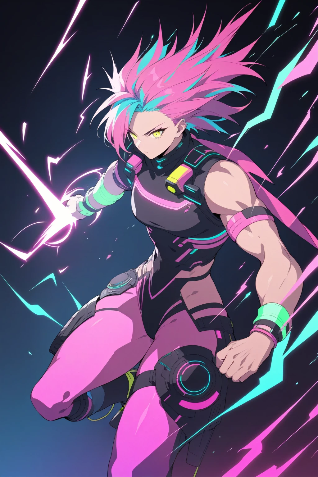 Highly detailed anime-style illustration of a powerful character with spiky hair, glowing in neon colors. The character is muscular, surrounded by lightning and intense energy effects. Neon outlines in vibrant shades of pink, blue, green, and yellow accentuate the character's form against a dark background, creating a cyberpunk vibe. The lighting is intense, with glowing highlights and electric energy swirling around. The style is inspired by retro-futuristic and cyberpunk anime, with bold colors, dynamic lines, and a dramatic, high-contrast aesthetic
