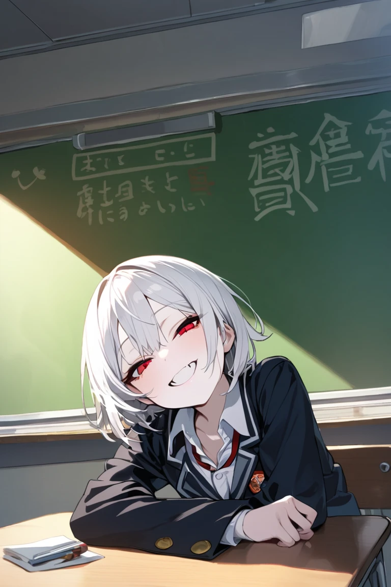 1boy.solo,white hair,short hair,grin,mesugaki, skin fang,amber eyes,half-closed eyes,pale skin,beautiful skin,school uniform,classroom,neme:kotarou