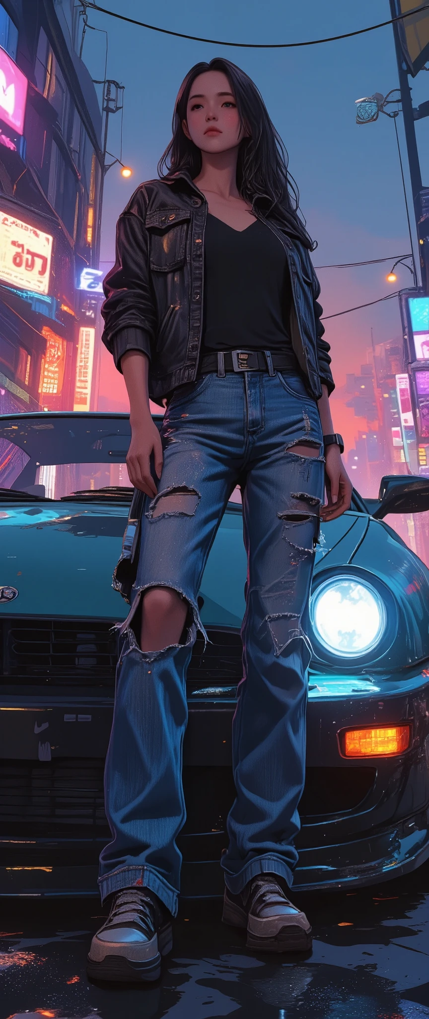 Anatómicamente correcto, plano general,  full body, a woman in broken jeans standing next to a car,  GTA V , Ross Tran style, realistic art style,  in the style of Ross Tran , Ross Tran. Scenic background ,  beautiful work of digital art , lois van rossdraws, realistic art style, Awesome digital illustration, ross drawings 1. 0,  stunning art style , in the style of Guweiz  ,quality\(8K, wallpaper of extremely detallado CG unit, alta resolución, top-quality, top-quality real texture skin, hyperrealistic,  increase the resolution , RAW photos, best quality, highly detailed, The wallpaper , Proporción áurea,  high saturation realism , vibrant colors,  dramatic lighting , Persuasive storytelling,  atmospheric scenery , Captivating images,  intricate details , strong emotions, dream world\).landscape, UHD, Retina, masterpiece, Accurate, anatomically correct, textured skin, Super detail, high details,  high quality ,  award winning , best quality, highres, 1080P, HD, 16K