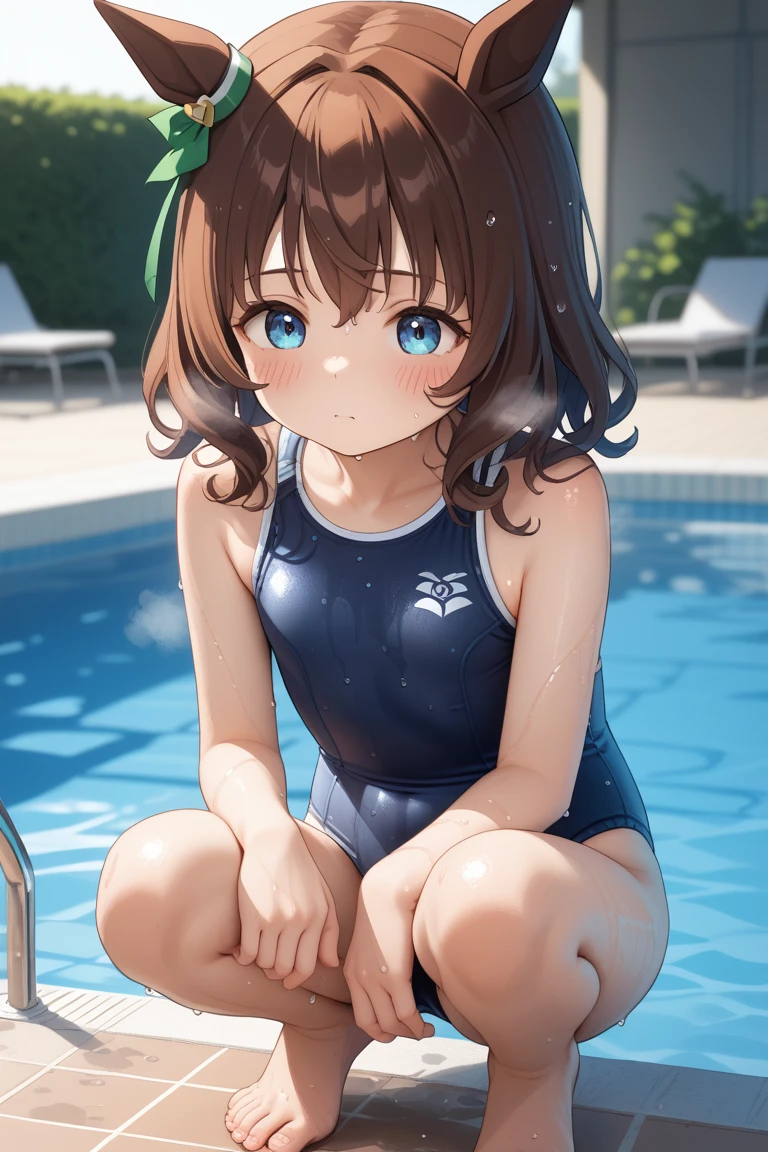 mayano topgun, \(umamusume\), 旧スク, sitting, squatting, leg_spread, very wet swimsuit, wet hair, blush, in heat, steam, poolside, masterpiece, best quality, ultra detailed, anime illustration, ideal anatomy, 