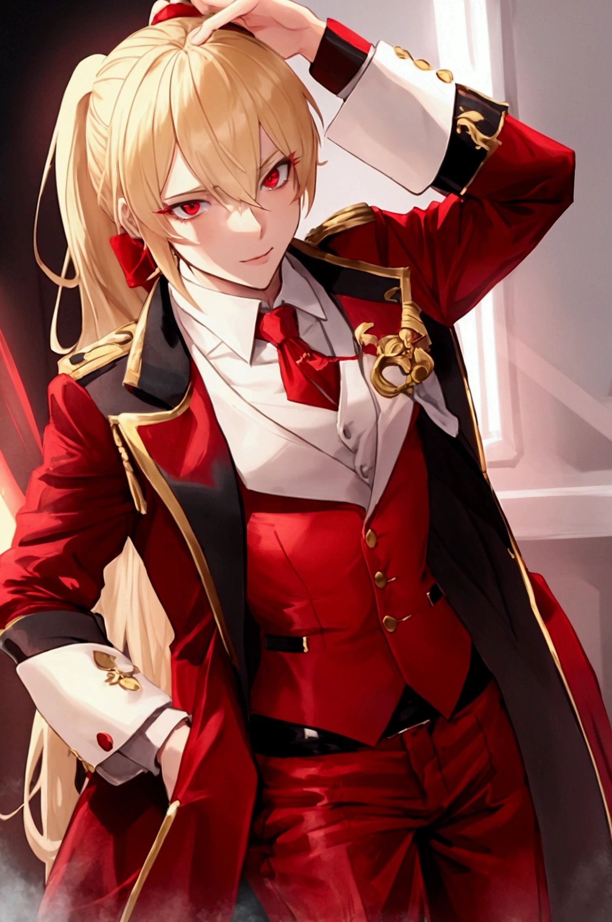 Blonde femboy male trap with red eyes and red fancy clothes ponytail jacket 