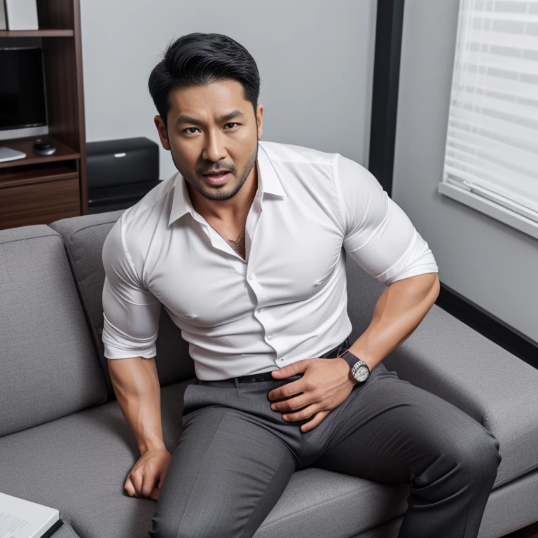 40 years old，Hidetoshi Nakata，（Kogoro Mori 1.3），whole body，Lean，muscle，office，black，foot，Suit，transparent袜子，foot抬起，sofa，Baldhead ，transparent，Thick body hair，underwear，Topless，Densely hairy，Fortitude，HD，With a mustache