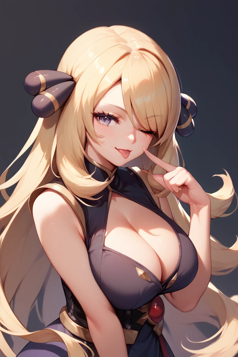 Best Quality, Masterpiece, ultra high resolution, defCyn, very long hair, hair over one eye, hair ornament, cleavage, large breasts  eyelid pull, tongue out, finger to eye, hand up, :p, index finger raised ,one eye closed