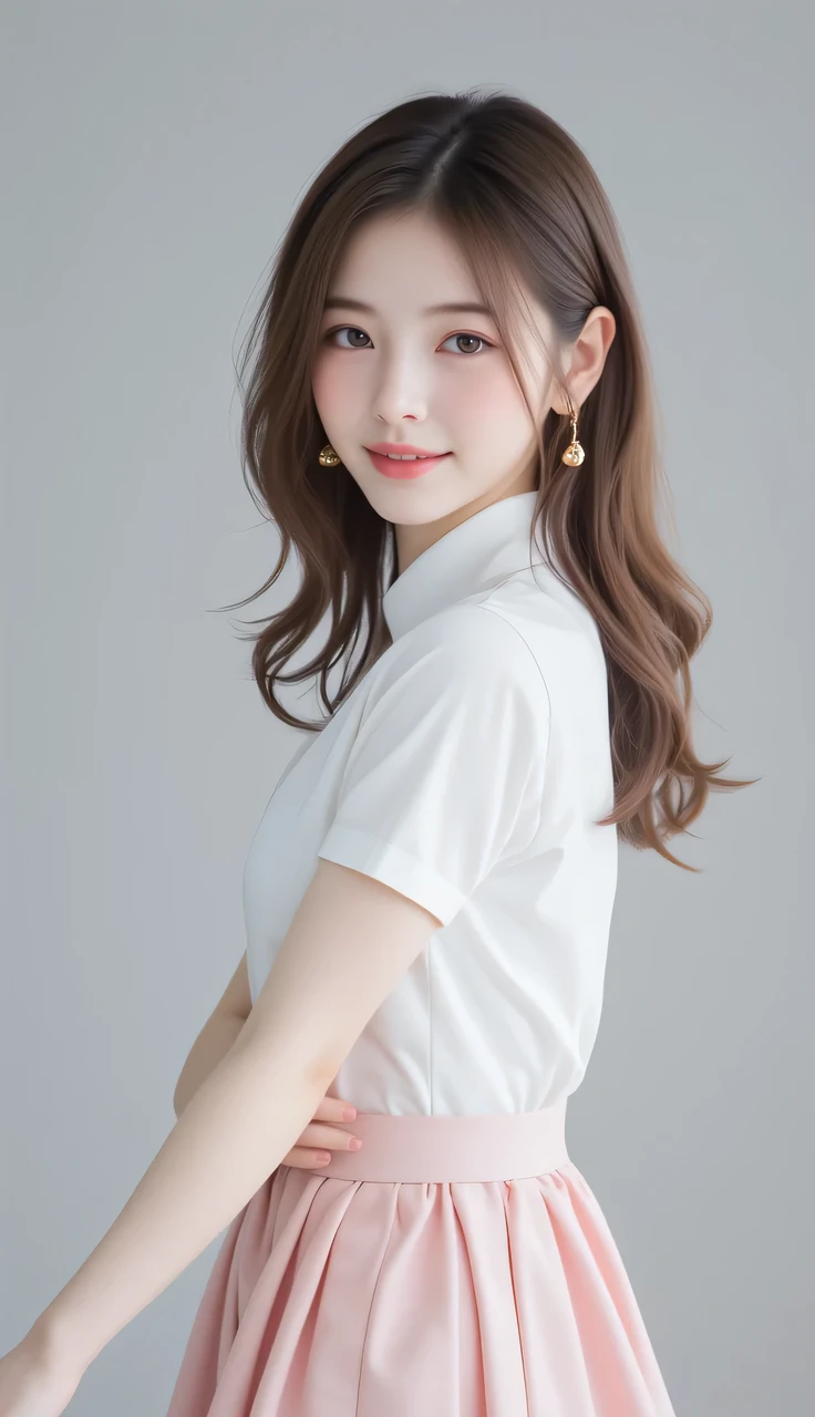 The 27-year-old beauty showcases a blend of innocence and elegance in a classic JK uniform, with a pristine white blouse paired with a knee-length, pleated skirt in a soft pastel shade. Her hair is styled into loose, wavy curls that cascade down her back, framing her face with a natural beauty. A serene smile, reaching her eyes, adds warmth and authenticity to her striking appearance, making her look both approachable and enigmatic.