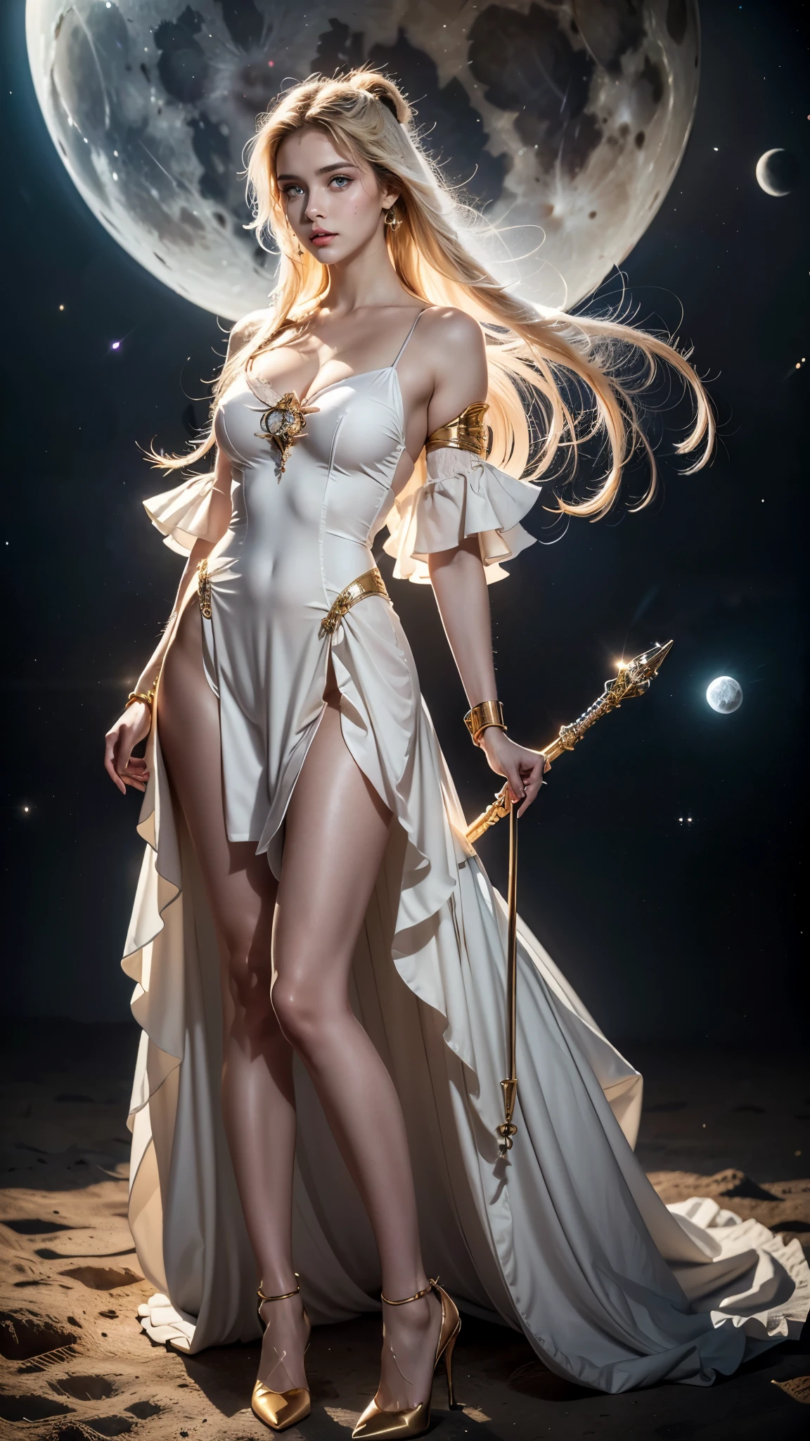 (masterpiece、 da mais  high quality 、 High resolution、8k、16k)、((alone in space、 Beautiful moon goddess 、 standing posture 、フローティング in the sky like a star))、(( full body ))、golden ruffles、White  Long dress、sem manga、 Adorned with vibrant jewelry 、gold bracelet、Blonde long  two tall horse tails  hair 、Beautiful blue eyes、 Elegant and detailed face 、 Elegant operation 、 Place a hand under your chest 、  Professional lighting  、  The universe is filled with light 、 stars Countless and nebulous 、 Long dress,  in your hands a long moon rod , Moon scepter ,  two tall horse tails ,   white dress  ,  white pele, blue eyes,  high quality , realistic image, pretty guardian Sailor Moon, masterpiece, best quality,  long staff ,  high heel shoes ,  Long dress with frills,  two tall horse tails  e muito longas, Blonde hair,  white pele, blue eyes,  professional lighting ,   full body , realistic image, Sailor Moon, body proportions, (Chapped lips:1.4), (blush de nariz:1.2), foreshortening, black cuts, (eye contact), High contrast, ultra high resolution, high resolution, detailed, Clean face,  ( sexy face :1.5), (big purple eyes:1.2), ( ultra detailed eyes :1.4), ( High resolution eyes :1.1), ( ultra detailed skin texture :1.4), PERSEPHONE, Persephone, Persephone, (SFW:1.5),  (full body:1.8), (upper body up:0.3), (hyper realistic:1.4), (realistic:1.3), (best quality real texture skin), Detailed eyes, detailed face, Cameltoe 

