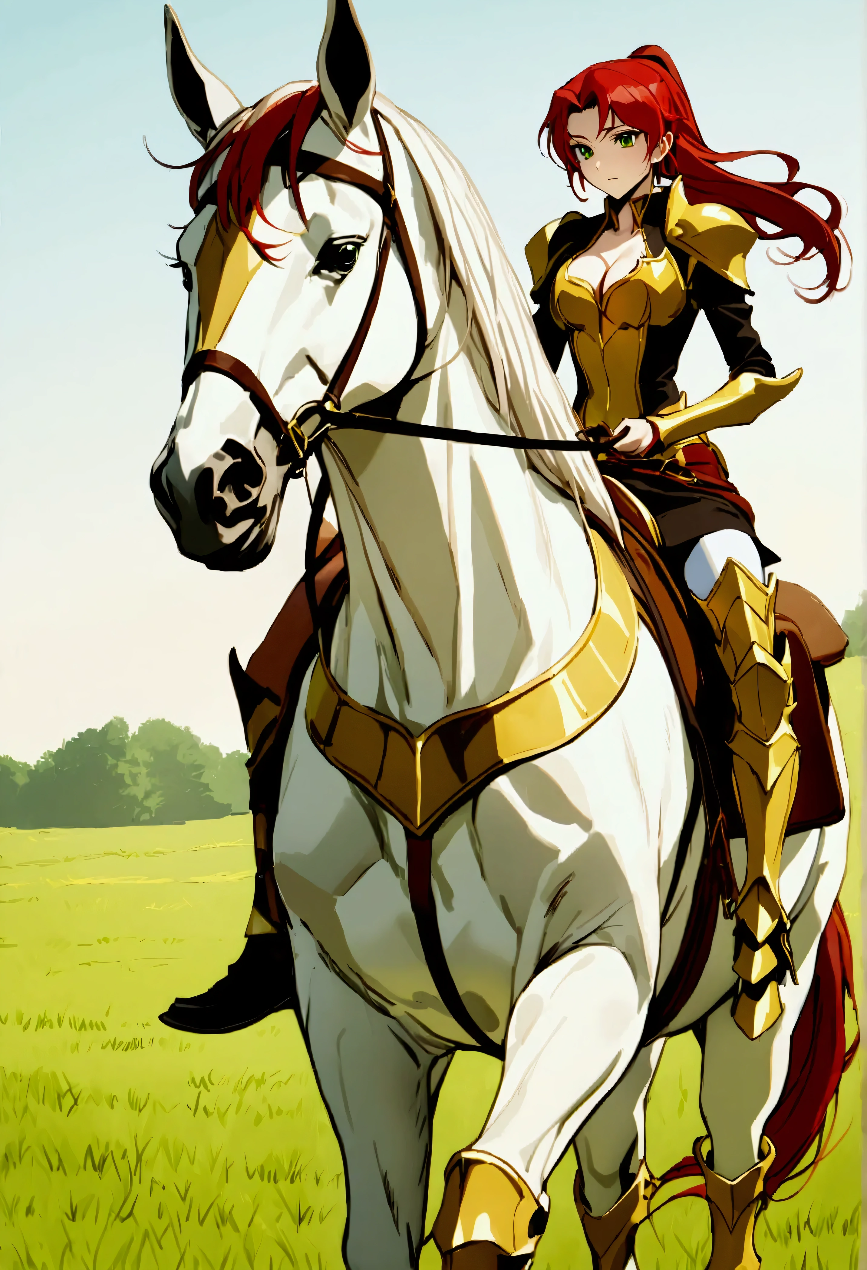 ((best quality)), ((masterpiece)), (high detailed), 8k, codeGeass, cinematic lighting, perfect face, large breast, cleavage, ruby rose riding a HORSE, (Pyrrha Nikos, ponytail, {red hair}, green eyes), (gold breastplate, shoulder pads, black miniskirt, stockings, gold armored boots), (white horse, saddle, reins, bridle, stirups), solo, in the grassland, both hand holding rein, from side: 1.2, anatomically correct 