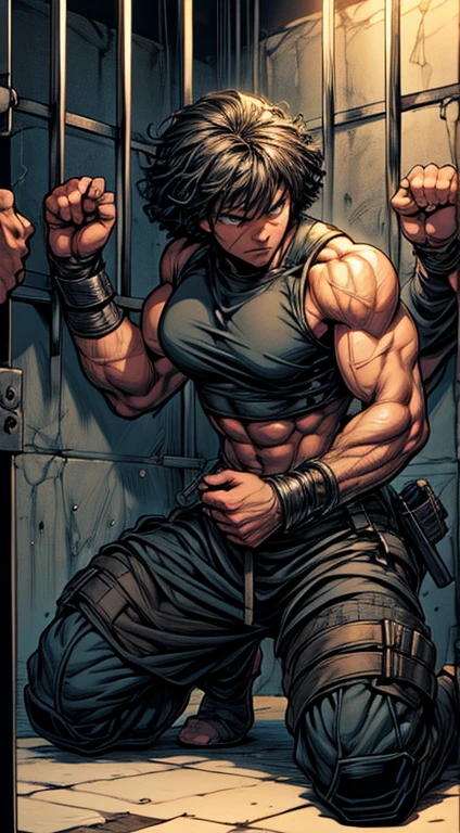 Eating, 40 year old black African woman short curly hair. defined body. defined abs. wearing a black cropped tank top and military pants. He has a black eye. is trapped in a cell. hands behind the back. surrounded by soldiers. is leaning against the bars of the cell. handcuffed at the wrists. scar face. kneeling on the floor in the corner. dripping sweat. It's night. art drawing. full body image. HQ