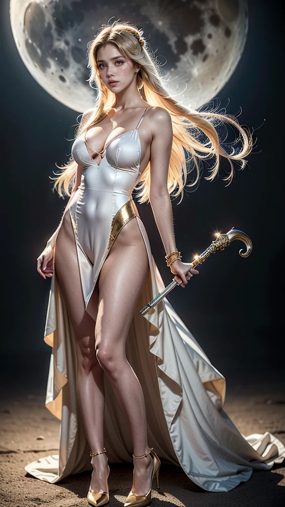 (masterpiece、 da mais  high quality 、 High resolution、8k、16k)、((alone in space、 Beautiful moon goddess 、 standing posture 、フローティング in the sky like a star))、(( full body ))、golden ruffles、White  Long dress、sem manga、 Adorned with vibrant jewelry 、gold bracelet、Blonde long  two tall horse tails  hair 、Beautiful blue eyes、 Elegant and detailed face 、 Elegant operation 、 Place a hand under your chest 、  Professional lighting  、  The universe is filled with light 、 stars Countless and nebulous 、 Long dress,  in your hands a long moon rod , Moon scepter ,  two tall horse tails ,   white dress  ,  white pele, blue eyes,  high quality , realistic image, pretty guardian Sailor Moon, masterpiece, best quality,  long staff ,  high heel shoes ,  Long dress with frills,  two tall horse tails  e muito longas, Blonde hair,  white pele, blue eyes,  professional lighting ,   full body , realistic image, Sailor Moon, body proportions, (Chapped lips:1.4), (blush de nariz:1.2), foreshortening, black cuts, (eye contact), High contrast, ultra high resolution, high resolution, detailed, Clean face,  ( sexy face :1.5), (big purple eyes:1.2), ( ultra detailed eyes :1.4), ( High resolution eyes :1.1), ( ultra detailed skin texture :1.4), PERSEPHONE, Persephone, Persephone, (SFW:1.5),  (full body:1.8), (upper body up:0.3), (hyper realistic:1.4), (realistic:1.3), (best quality real texture skin), Detailed eyes, detailed face, Cameltoe 

