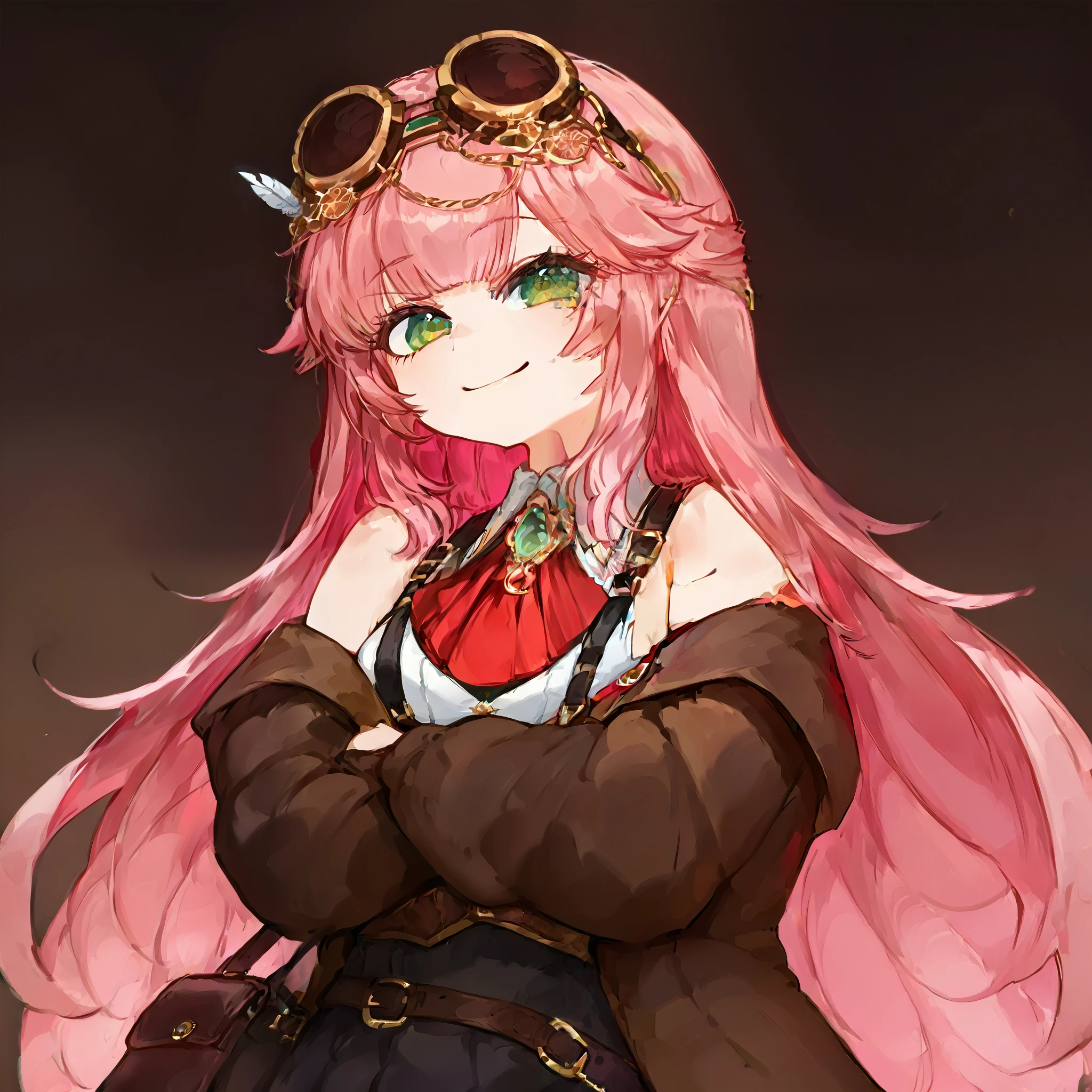 masterpiece, score_9, score_8_up, 1girl, aivylove, pink hair, gradient hair, goggles on head, green eyes, monocle, brooch, red ascot,  armored corset, suspenders, sleeveless shirt, off shoulder, brown coat, dark skirt, satchel, thigh strap, thighhighs, leather boots, from below, crossed hand, upper body, smug, foolishpotato