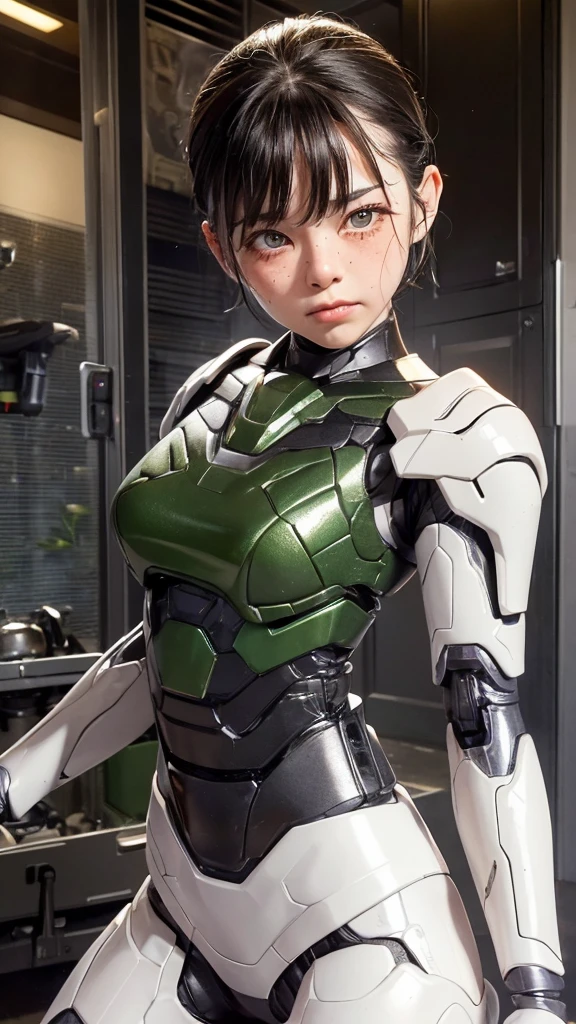     Textured Skin  ,     super detail,   Attention to Details,   high quality, 最  high quality,   high definition, 1080P,  hard disk , beautiful,(War Machine),beautifulサイボーグ女性,  dark green mecha cyborg girl ,battlefield, Girl with a Machine Body  ,、,(  Blood vessels leading to tubes  ),((  machine spine attached to the back  )),((   Her cervical vertebrae are mechanically attached to her neck))    middle school girl  　   Very Short Hair with a White Bandage  、Sweaty brown eyes、Sweaty face、Freckles　  Embarrassed Expression 　　cute　Black-haired　((Steam coming out of my head)) Glasses　Squat　 feet 　M feetの開口部　(Shyness)