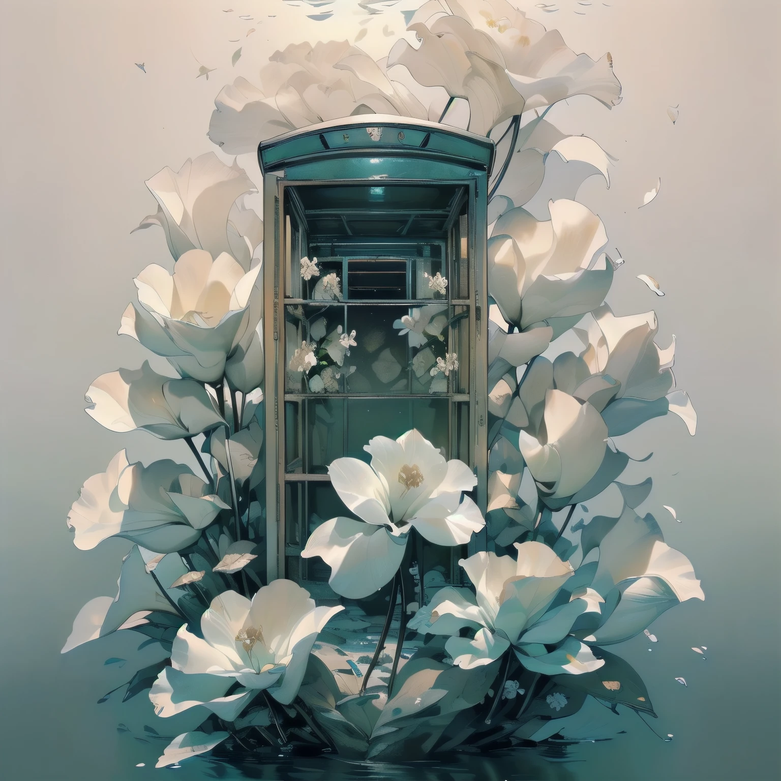 (((Masterpiece, top quality))), (((32K wallpaper))), ultra high resolution, gorgeous light leak, (((backlit))), highly detailed background, (((no humans))), highly transparent river, (((extremely detailed rusty phone booth with many white flowers)),  (((( very dull color )))), (((( white flowers in the water))), (((White petals fly)))