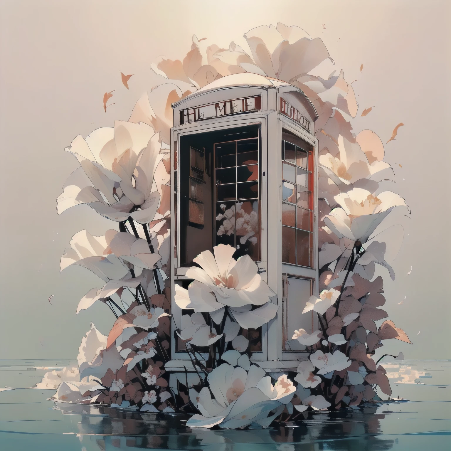 (((Masterpiece, top quality))), (((32K wallpaper))), ultra high resolution, gorgeous light leak, (((backlit))), highly detailed background, (((no humans))), highly transparent river, (((extremely detailed rusty red phone booth with many white flowers)),  (((( very dull color )))), (((( white flowers in the water))), (((White petals fly)))