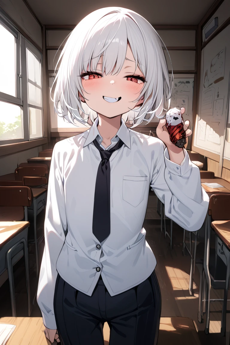 1boy.solo,cowboy shot,standing,flat chest
,white hair,short hair,grin,mesugaki,skin fang,red eyes,half-closed eyes,beautiful skin,flat chest,
school uniform,pants,black necktie,classroom,neme:kotarou