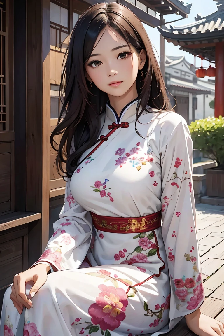  (masterpiece, Best Quality,  high definition, High image quality, 8k ), 1 female, (Chinese Floral Embroidered Long Dress ),  mature women, A neat and beautiful face,  pretty brown eyes , A neat and beautiful nose,  Pink Lips, ( Light chestnut long hair),  blushing gentle smile, Mid-chest, Delicate illustration , (Traditional Chinese Townscape /), Outdoor,  detailed background,  traditional creation and depiction ,  Beautiful Colorful Illustration Art, 
