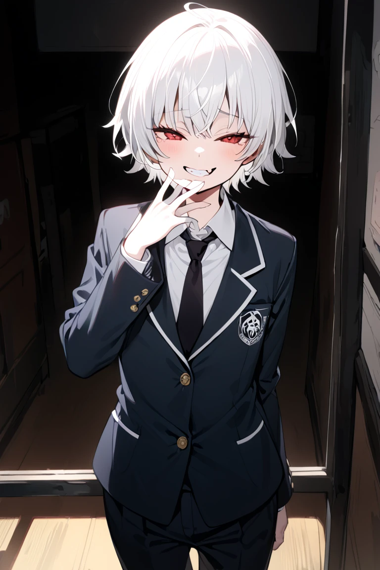 1boy.solo,cowboy shot,standing,hand to own mouth
,white hair,short hair,grin,mesugaki,skin fang,red eyes,half-closed eyes,beautiful skin,flat chest,
school uniform,pants,black necktie,classroom,neme:kotarou