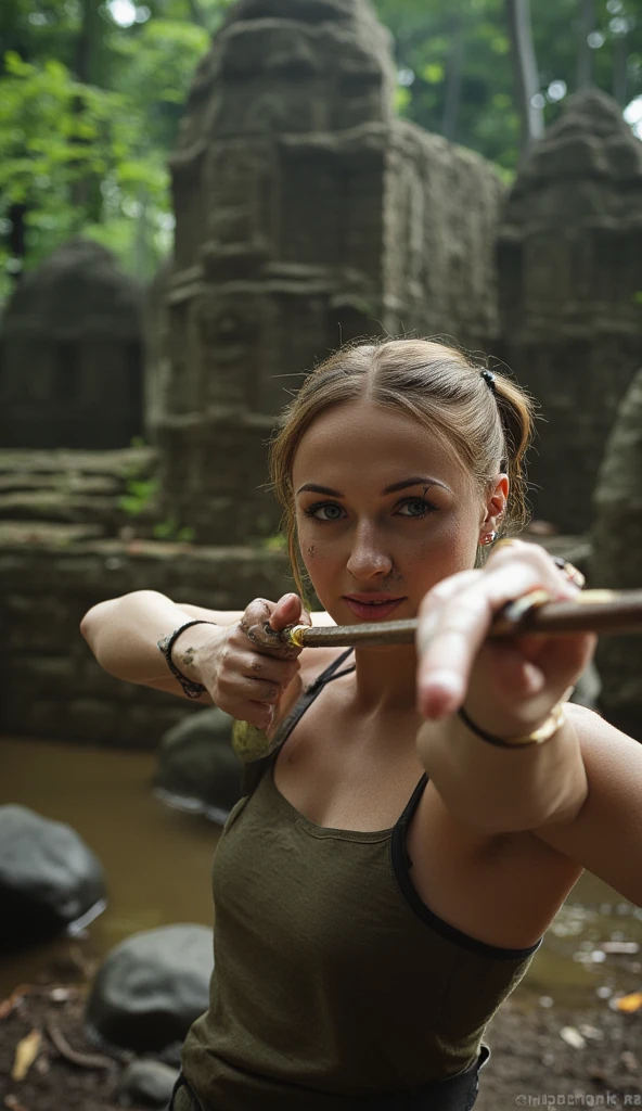 Sophie Turner as Lara Croft (Tomb Raider) with a determined expression, aiming a bow and arrow. She has a light to medium skin tone, with dirt and mud smeared across her face and arms, suggesting a rugged, adventurous setting. Her hair is dark brown, tied back loosely, with strands falling over her face. She wears a sleeveless, olive-green tank top, revealing toned arms. The background is a blurred jungle environment with ancient stone ruins, creating a sense of mystery and adventure. The lighting is natural, highlighting her focused gaze and the tension in the bowstring. The overall composition emphasizes her readiness and skill in archery, capturing a moment of intense concentration and action.