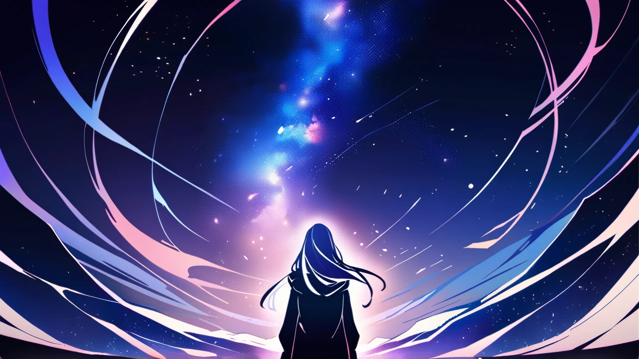 Create an anime-style portrait of a young woman with white or silver hair, standing against a backdrop of a stunning night sky filled with stars and a vibrant galaxy. Her hair should be slightly tousled, with some strands glowing from the starlight. She wears a dark, stylish coat, and her expression is calm and introspective. The background should showcase a vast, cosmic landscape with purple and blue hues, with faint mountain outlines below, adding depth to the scene. The atmosphere should feel serene and slightly mystical, with soft lighting highlighting her face and hair."