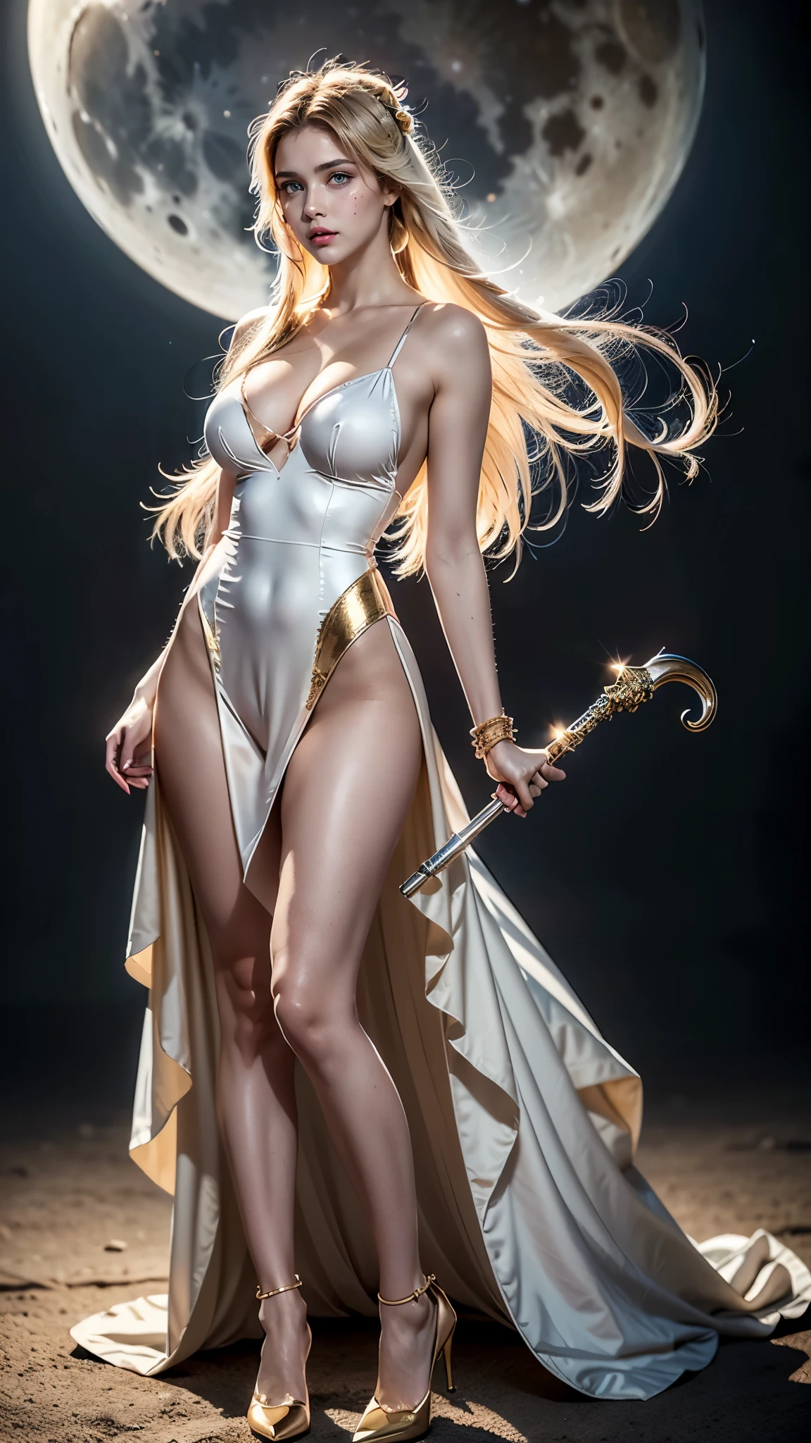 (masterpiece、 da mais  high quality 、 High resolution、8k、16k)、((alone in space、 Beautiful moon goddess 、 standing posture 、フローティング in the sky like a star))、(( full body ))、golden ruffles、White  Long dress、sem manga、 Adorned with vibrant jewelry 、gold bracelet、Blonde long  two tall horse tails  hair 、Beautiful blue eyes、 Elegant and detailed face 、 Elegant operation 、 Place a hand under your chest 、  Professional lighting  、  The universe is filled with light 、 stars Countless and nebulous 、 Long dress,  in your hands a long moon rod , Moon scepter ,  two tall horse tails ,   white dress  ,  white pele, blue eyes,  high quality , realistic image, pretty guardian Sailor Moon, masterpiece, best quality,  long staff ,  high heel shoes ,  Long dress with frills,  two tall horse tails  e muito longas, Blonde hair,  white pele, blue eyes,  professional lighting ,   full body , realistic image, Sailor Moon, body proportions, (Chapped lips:1.4), (blush de nariz:1.2), foreshortening, black cuts, (eye contact), High contrast, ultra high resolution, high resolution, detailed, Clean face,  ( sexy face :1.5), (big purple eyes:1.2), ( ultra detailed eyes :1.4), ( High resolution eyes :1.1), ( ultra detailed skin texture :1.4), PERSEPHONE, Persephone, Persephone, (SFW:1.5),  (full body:1.8), (upper body up:0.3), (hyper realistic:1.4), (realistic:1.3), (best quality real texture skin), Detailed eyes, detailed face, Cameltoe 

