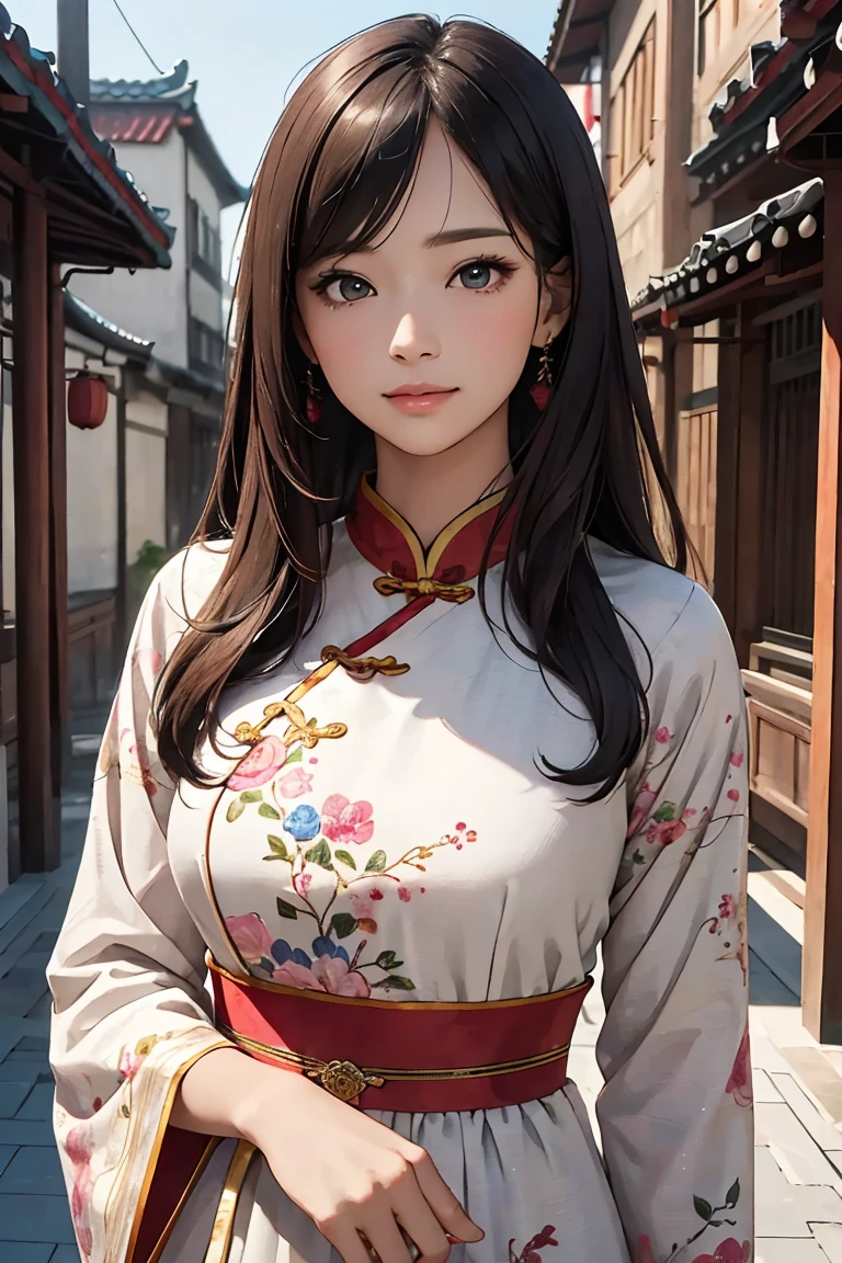  (masterpiece, Best Quality,  high definition, High image quality, 8k ), 1 female, (Chinese Floral Embroidered Long Dress ),  mature women, A neat and beautiful face,  pretty brown eyes , A neat and beautiful nose,  Pink Lips, ( Light chestnut long hair),  blushing gentle smile, Mid-chest, Delicate illustration , (Traditional Chinese Townscape /), Outdoor,  detailed background,  traditional creation and depiction ,  Beautiful Colorful Illustration Art, 
