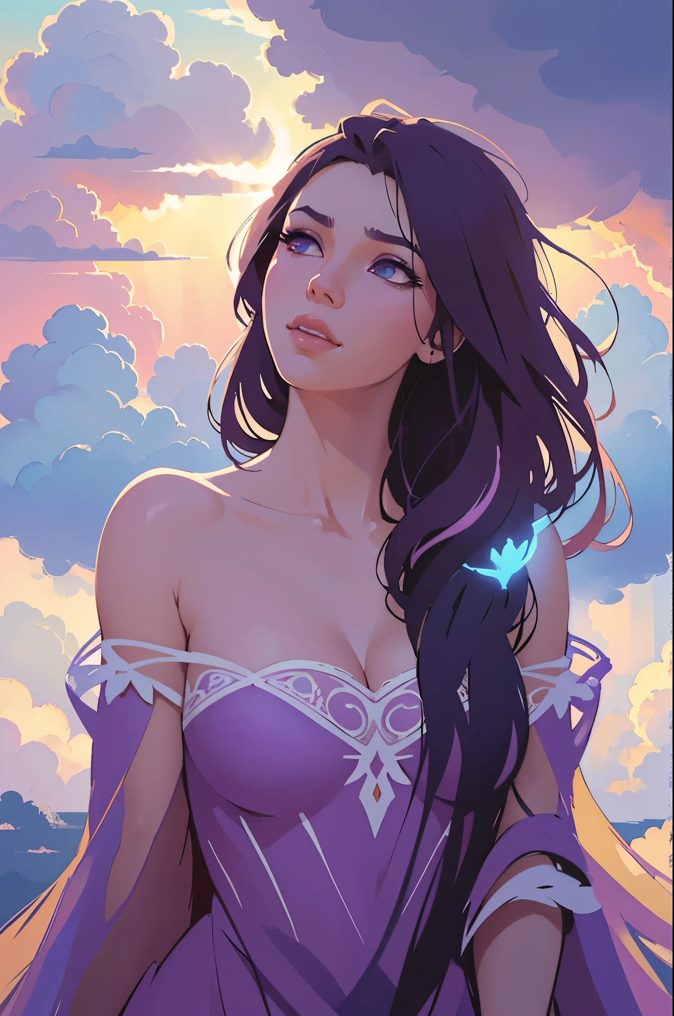 Whimsical Concept Art. Head and shoulders portrait. A woman formed by a formation of clouds gently kiss-blows her love to those that need it, surrounded by soft, white clouds. Ethereal and dreamy. Soft, pastel pink and purple hues with light blue accents, blending seamlessly into the clouds. Dynamic, warm lighting shines through the clouds, illuminating the woman's face. Volumetric lighting, hyperdetailed textures, and intricate details. Triadic colors, 8k resolution, Unreal Engine 5 style. Inspired by Greg Rutkowski, Artgerm, WLOP, and Alphonse Mucha. Splash art, trending on Artstation. Vibrant, soft, and romantic. Dreamy atmosphere, gentle colors, cloud-like