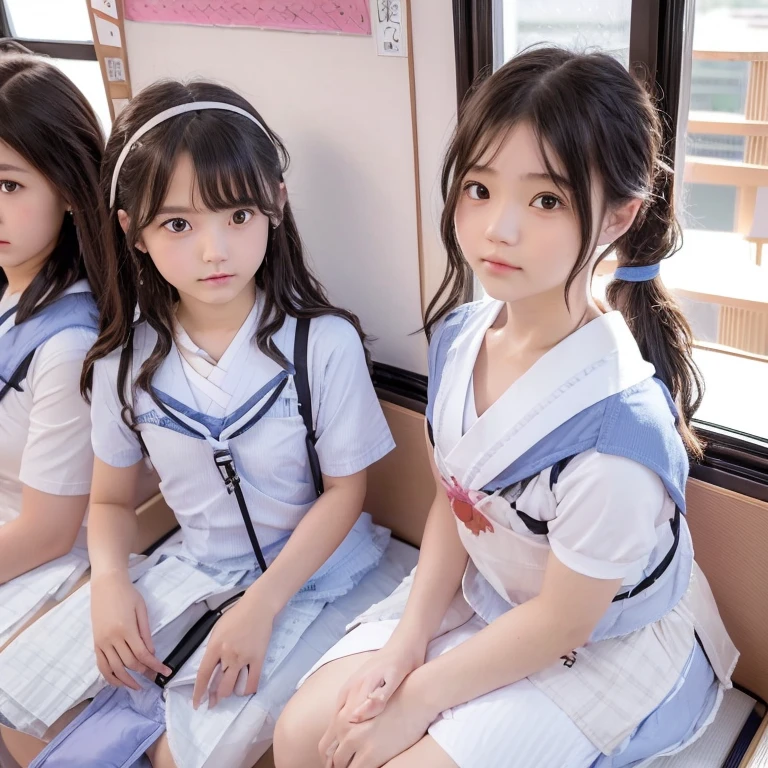 (masterpiece), ( highest quality ), (  inside a crowded train on the JR Saikyo Line),( Unkempt Hair ),(shape),(( Japanese elementary school girls:2.0)), 4th grader,5th grade elementary school,6th grade elementary school,Full body image, cute, beautiful girl, stares at the audience, (I focus on nterview ), Clothes are transparent micro bikinis,( simple background), Beautiful Detailed Eyes,優しい美しいface, floating,(High chroma),  in the train,(The Shining),face,  ponytail , light blue hair, bangs,  Headband , ),  OPTIMAL LIGHTING , best shadow     , small breasts,Bikinis and backpacks,