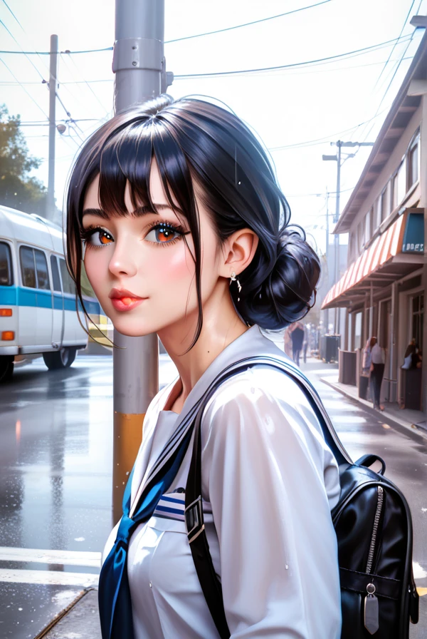 a girl in a sailor uniform standing at a bus stop, taking shelter from the rain, beautiful detailed eyes, beautiful detailed lips, extremely detailed eyes and face, long eyelashes, long black hair, highly detailed, extremely detailed, maximum quality, high resolution, very high definition, very high quality model, extremely detailed skin texture, (best quality,4k,8k,highres,masterpiece:1.2),ultra-detailed,(realistic,photorealistic,photo-realistic:1.37),HDR,UHD,studio lighting,ultra-fine painting,sharp focus,physically-based rendering,extreme detail description,professional,vivid colors,bokeh