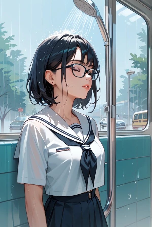  high definition, accurate,  high quality,  textured skin around the chest,  1 girl, Black Hair,Glasses, sailor suit,bus stop,Showers,Sheltering from the Rain