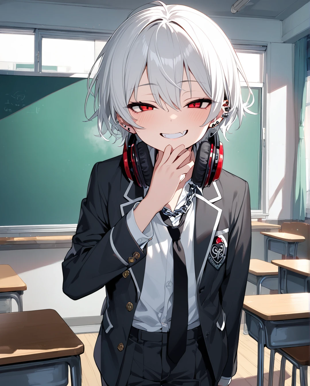 1boy.solo,cowboy shot,standing,hand to own mouth
,white hair,short hair,grin,mesugaki,skin fang,red eyes,half-closed eyes,beautiful skin,flat chest,ear piercing,chain necklace,headphones around neck,
school uniform,pants,black necktie,classroom,neme:kotarou