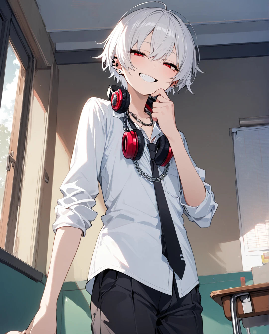 1boy.solo,cowboy shot,standing,hand to own mouth
,white hair,short hair,grin,mesugaki,skin fang,red eyes,half-closed eyes,beautiful skin,flat chest,ear piercing,chain necklace,headphones around neck,
school uniform,pants,black necktie,classroom,neme:kotarou