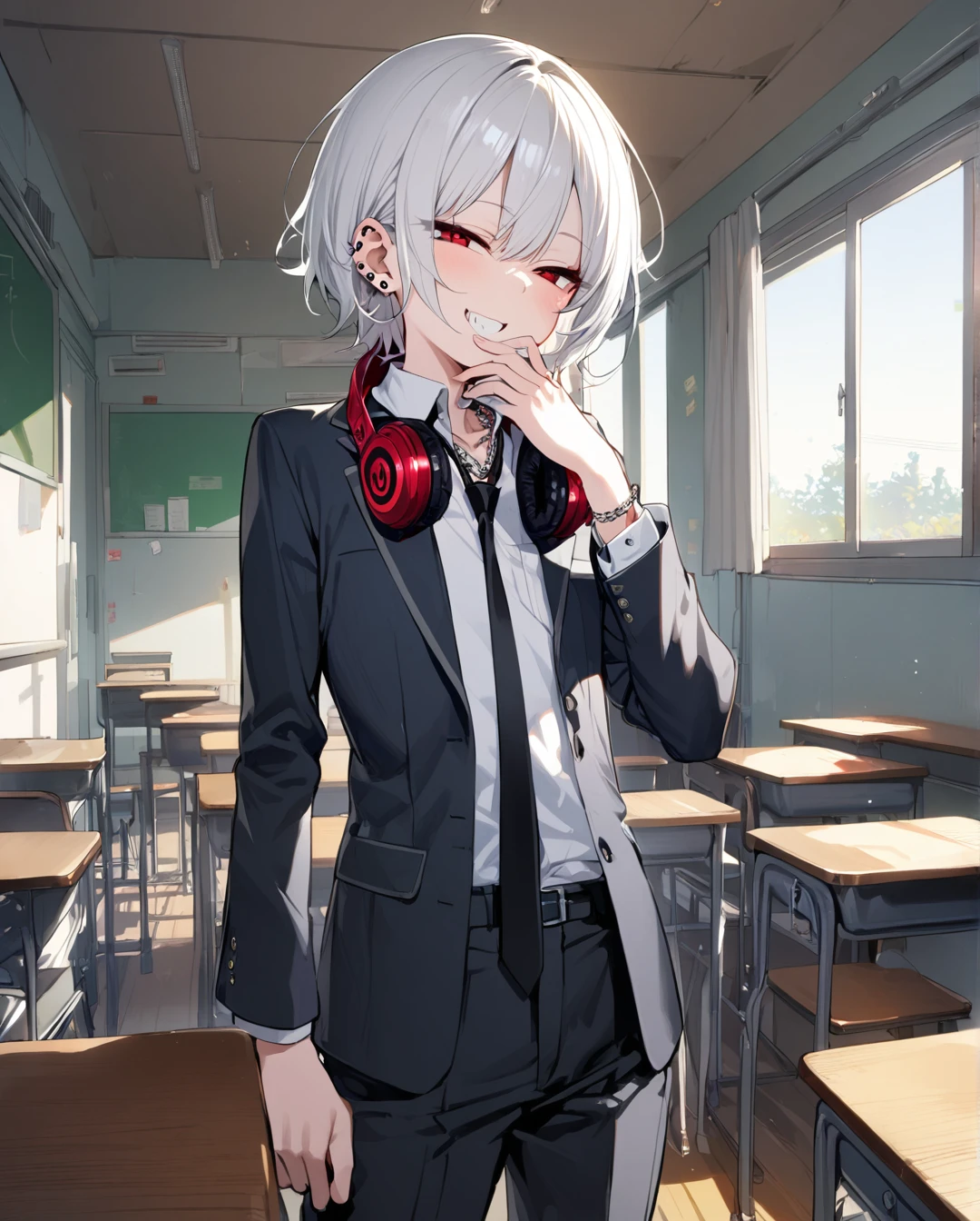 1boy.solo,cowboy shot,standing,hand to own mouth
,white hair,short hair,grin,mesugaki,skin fang,red eyes,half-closed eyes,beautiful skin,flat chest,ear piercing,chain necklace,headphones around neck,
school uniform,pants,black necktie,classroom,neme:kotarou