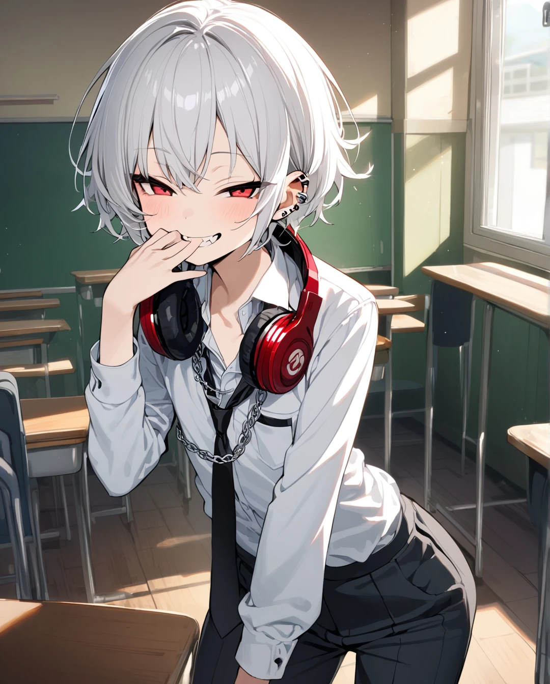 1boy.solo,cowboy shot,standing,hand to own mouth
,white hair,short hair,grin,mesugaki,skin fang,red eyes,half-closed eyes,beautiful skin,flat chest,ear piercing,chain necklace,headphones around neck,
school uniform,pants,black necktie,classroom,neme:kotarou