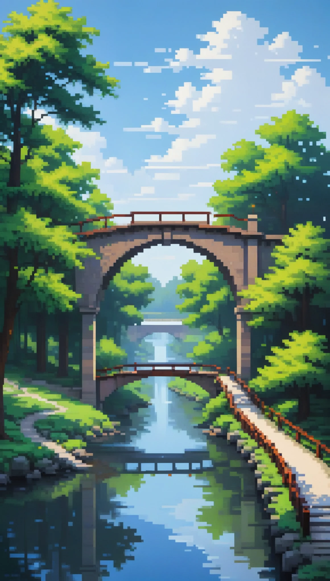 here is a painting of a bridge over a river with trees, pixel art, blue sky