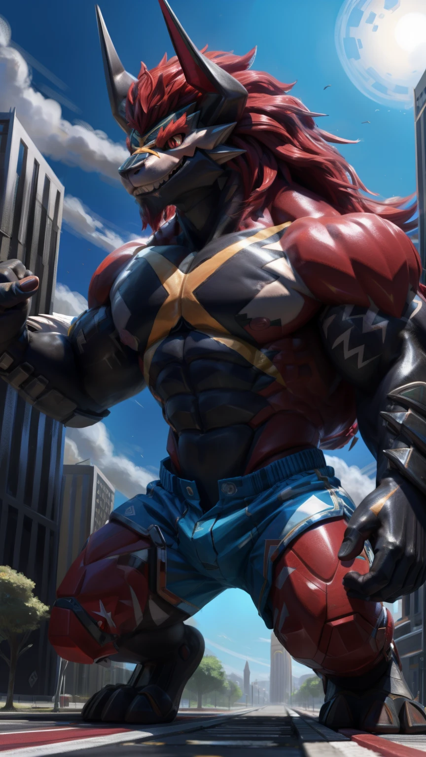 Batzz,Future Card Buddy fight,male,aldult,4K,best quality, ((full body)), whole body,looking at the audience,Upper body exposed,bared chest, Pink nipples, anatomically correct,pride,soft shadow,majestic (Detailed face, delicate eyes:1.1),Sharp eyes,red eyes,eyes shining,Grandiose,Valiantary,red swimming trunks,Smile confidently,mature,macro in a miniscule city