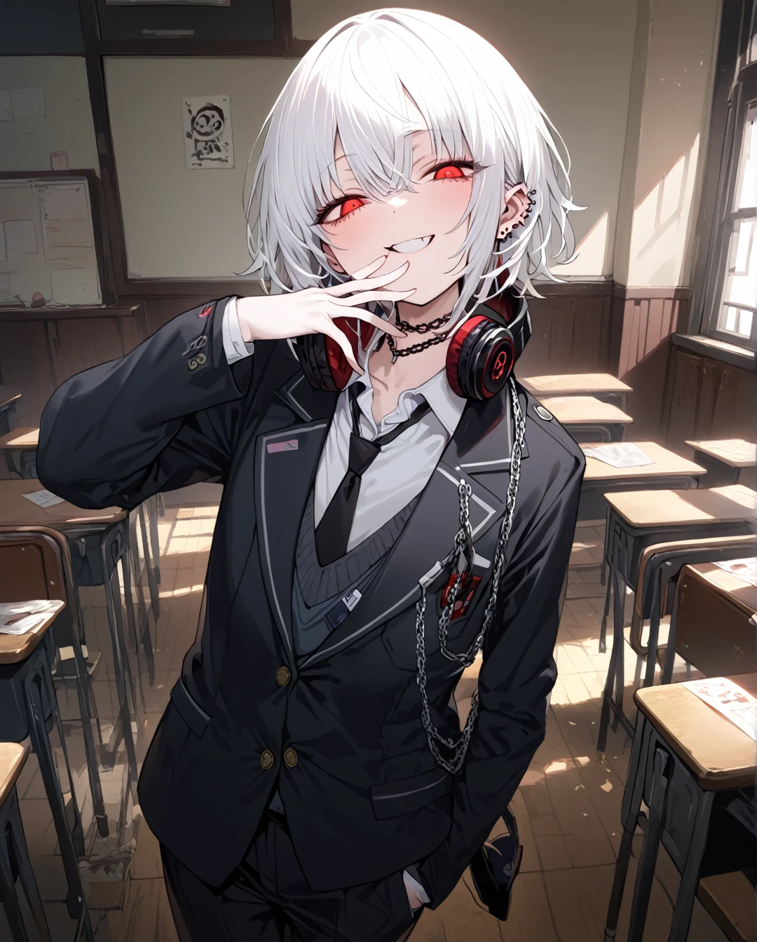 1boy.solo,cowboy shot,standing,hand to own mouth
,white hair,short hair,grin,mesugaki,skin fang,red eyes,half-closed eyes,crazy eyes,beautiful skin,flat chest,ear piercing,chain necklace,headphones around neck,
school uniform,pants,black necktie,classroom,neme:kotarou