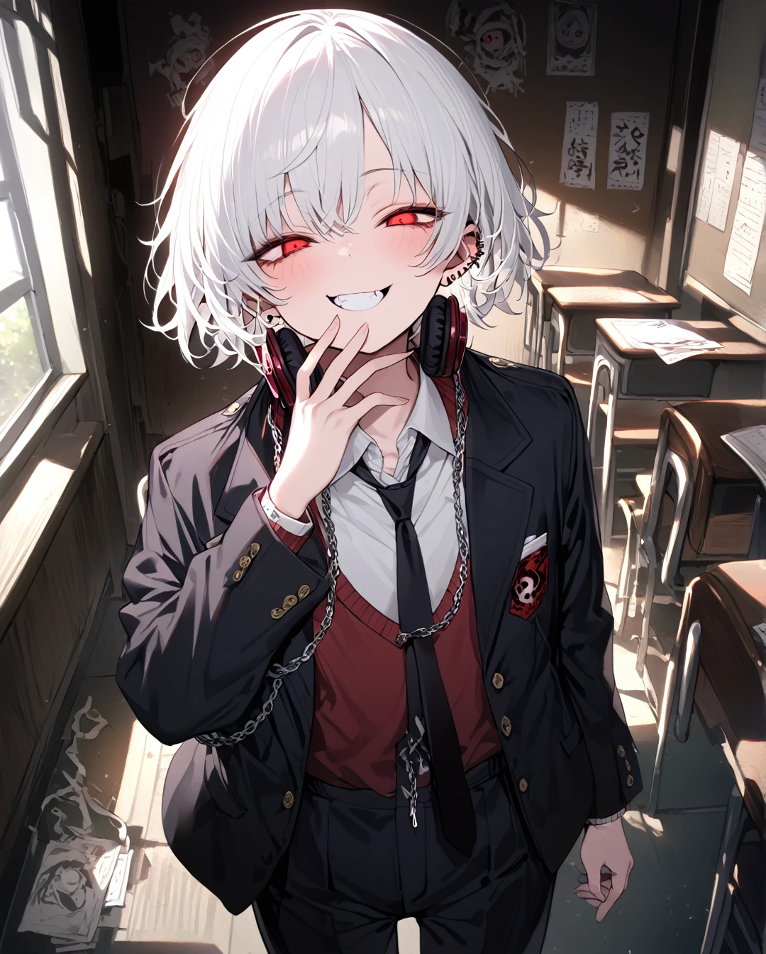 1boy.solo,cowboy shot,standing,hand to own mouth
,white hair,short hair,grin,mesugaki,skin fang,red eyes,half-closed eyes,crazy eyes,beautiful skin,flat chest,ear piercing,chain necklace,headphones around neck,
school uniform,pants,black necktie,classroom,neme:kotarou