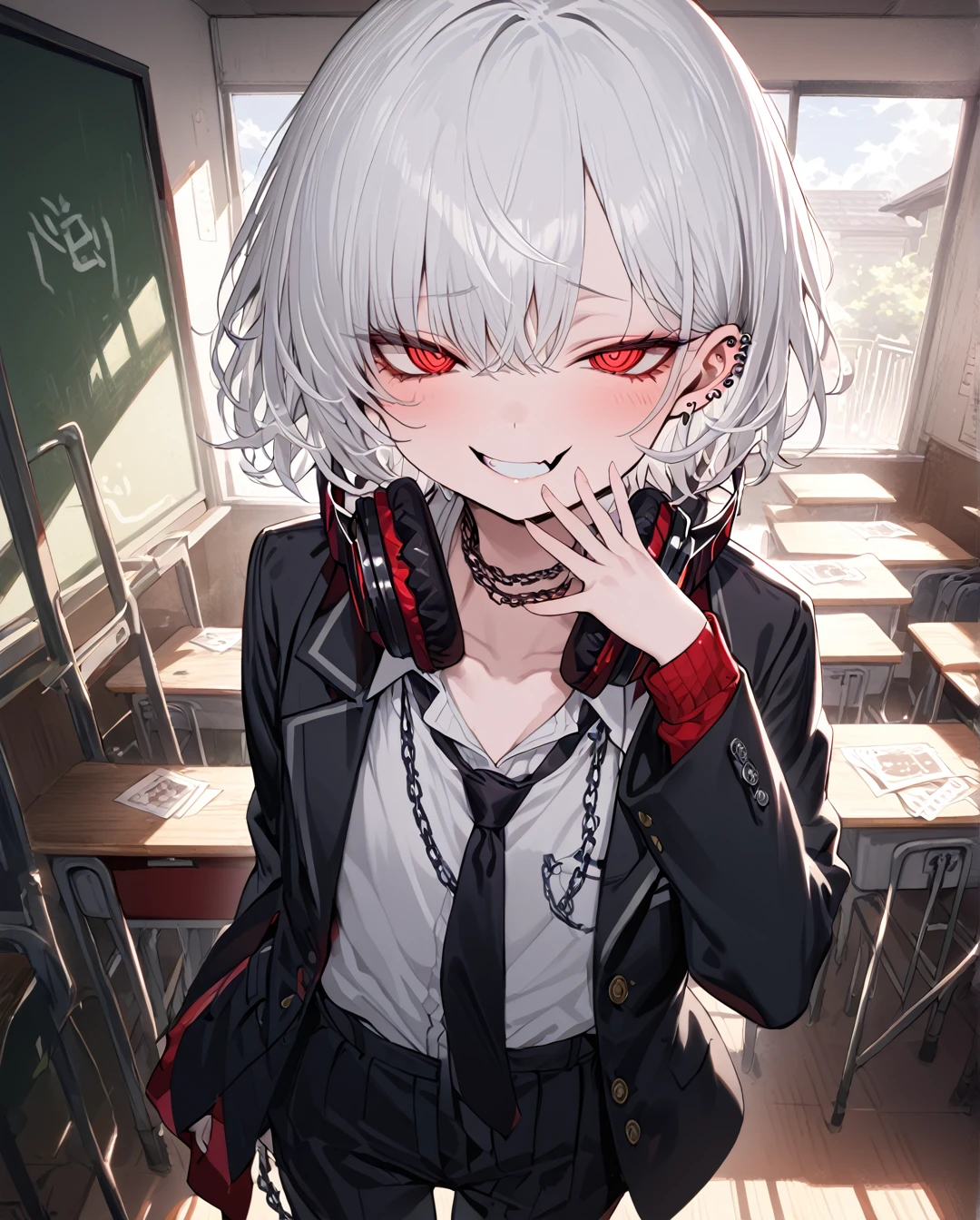 1boy.solo,cowboy shot,standing,hand to own mouth
,white hair,short hair,grin,mesugaki,skin fang,red eyes,half-closed eyes,crazy eyes,beautiful skin,flat chest,ear piercing,chain necklace,headphones around neck,
school uniform,pants,black necktie,classroom,neme:kotarou