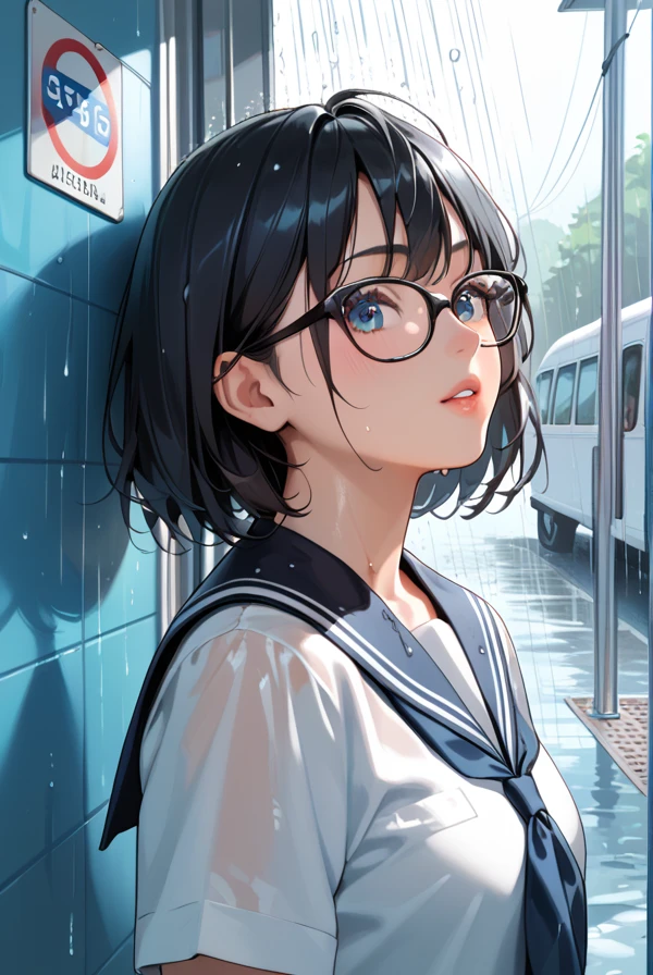  Black Hair ,Glasses,  sailor suit,bus stop,Showers,Sheltering from the Rain,