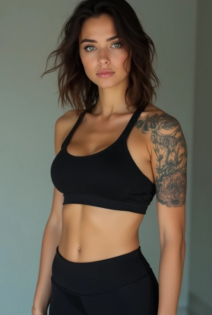An urban Latina goddess with caramel skin and vibrant red hair With flower tattoos on her right shoulder, lower lip and shoulder completely, sportive, fit girl, muscular quite big, poitrine, Realstic, 22 ans, tenue de sport, Small gold chain necklace without pendant, salle de sport, joue ronde