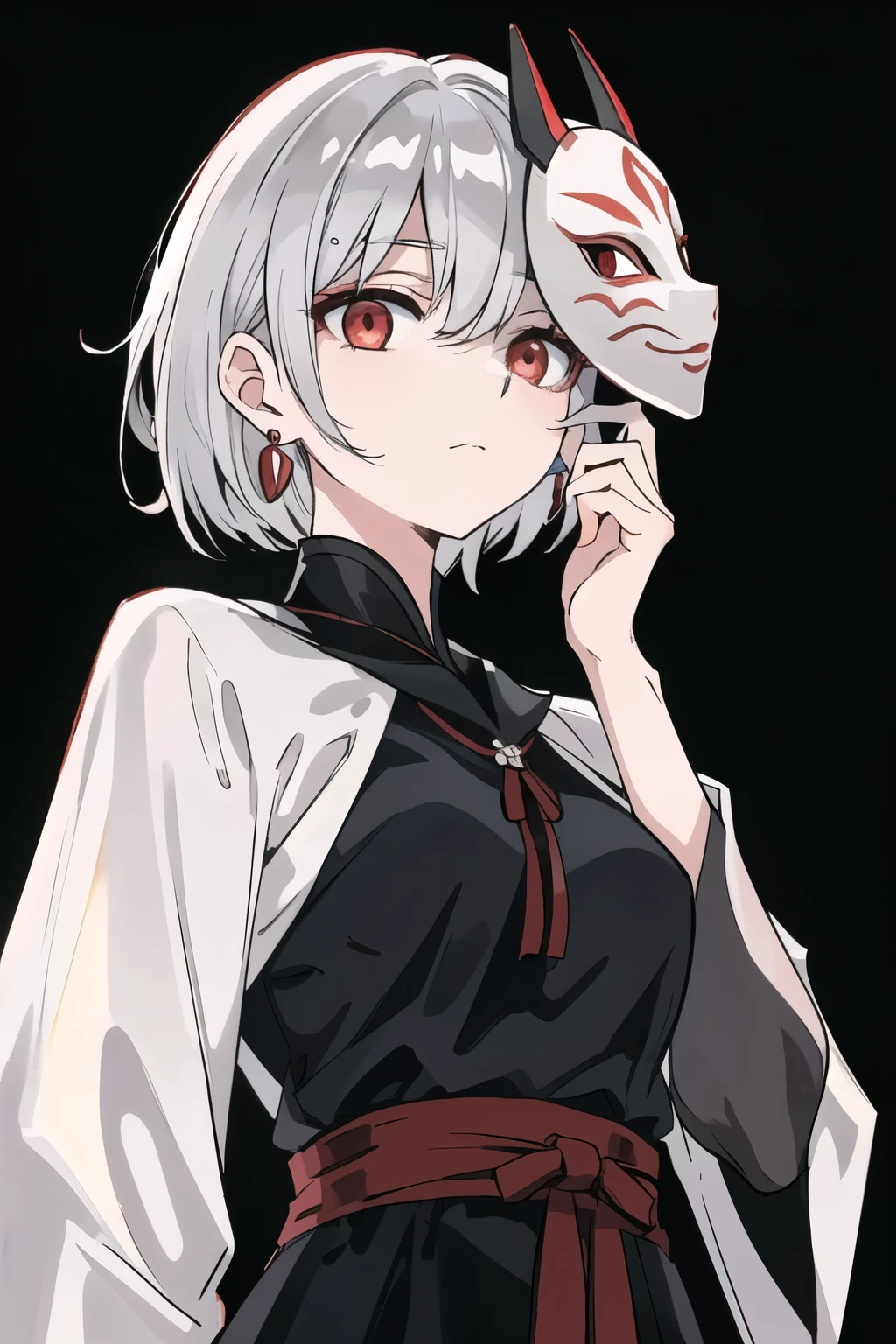 (Best Quality, masterpiece,  high definition), 1 girl,Alone, shiny silver hair, short hair, (Beautiful red eyes、 Shining Eyes , fine grain), earrings for a woman alone,mask on hands ,Cover your face,
Blank Eyes, closed mouth,From below, ,whole body