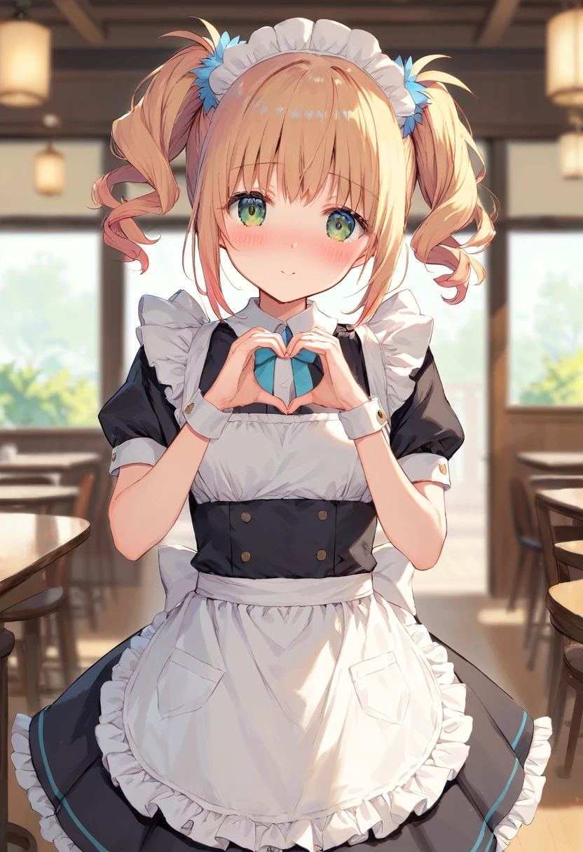 score_9,score_8_up,score_7_up,score_anime,cowboy shot,Idealized Forms,Natural Light,details background,blurry background,extremely detailed,(aga),suzuran(ark knight),heart hands,maid,(full blush),cafe