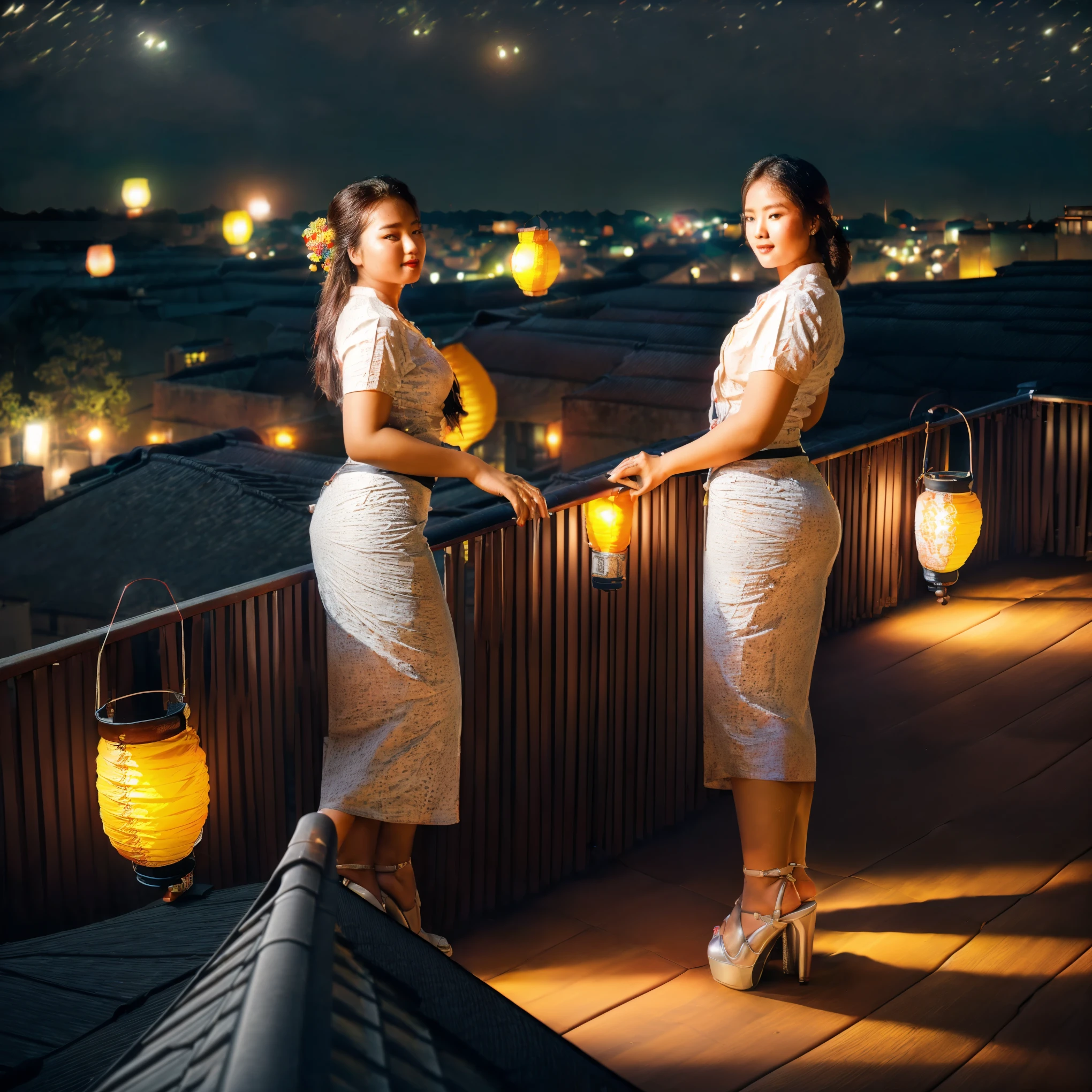 Burmese beautiful woman, 1 girl, solo, pretty lady MoonLay, innocent cute smile, red lips, (stylishly sitting on a stool and seductively gazing to the sky pose:1.5), (night:1.5), smooth face skin, traditional beauty, cinematic portrait glow lighting, traditional dress, (white shirt:1.3), (red skirt:1.3), high heel, (full body view:2), (two story building rooftop balcony with vibrant colorful hanging lanterns with small townscape background:1.5), (cinematic bokeh blur background:1.5), cinematic lighting, perfect anatomy,