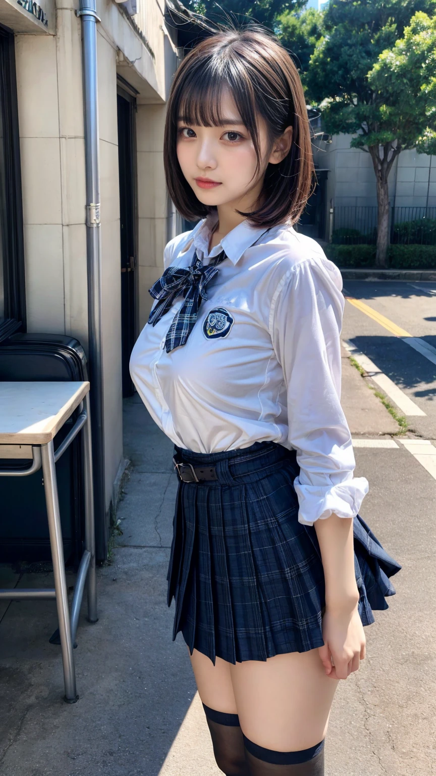 Ultra-realistic capture, Highly detailed, High resolution 16k close-up of human skin. Skin texture must be natural, With such detail that pores can be finely identified. Skin should look healthy, In a uniform tone. Use natural light and color,Schoolgirl sailor suit,18 year old high school girl,fine white skin,Sharp Focus,,navy blue mini pleated skirt,Navy blue high socks,loafers,A sloppy smile,I can see your belly button