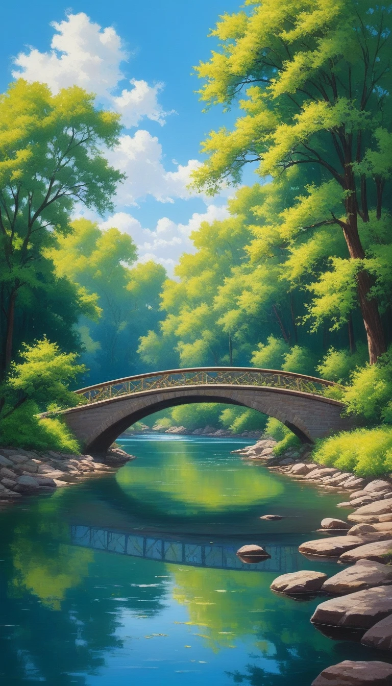 here is a painting of a one bridge over a river with trees, pixel art, blue sky
