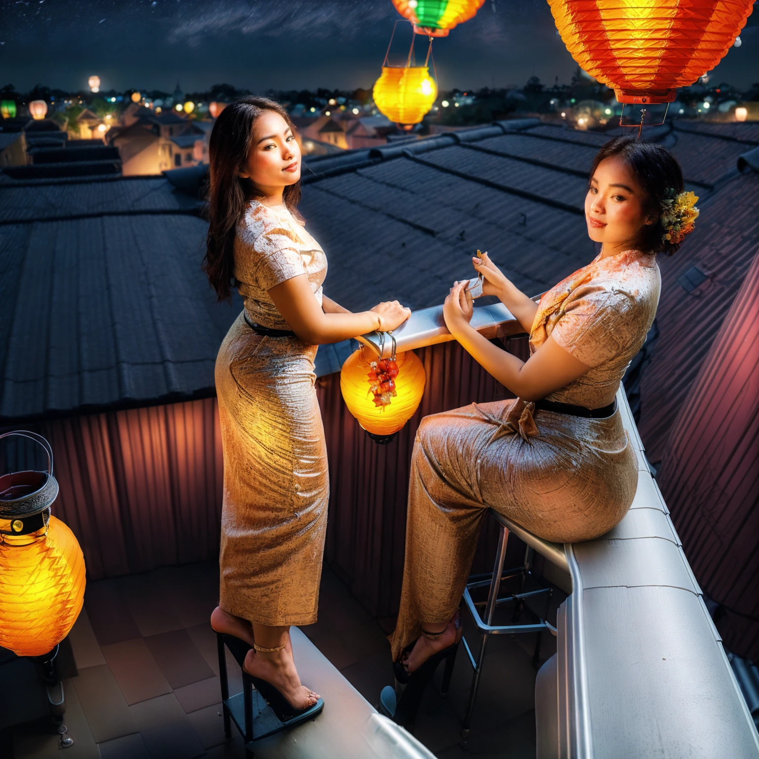 Burmese beautiful woman, 1 girl, solo, pretty lady MoonLay, innocent cute smile, red lips, (stylishly sitting on a stool and seductively gazing to the sky pose:1.5), (night:1.5), smooth face skin, traditional beauty, cinematic portrait glow lighting, traditional dress, (white shirt:1.3), (red skirt:1.3), high heel, (full body view:2), (two story building rooftop balcony with vibrant colorful hanging lanterns with small townscape background:1.5), (cinematic bokeh blur background:1.5), cinematic lighting, perfect anatomy,