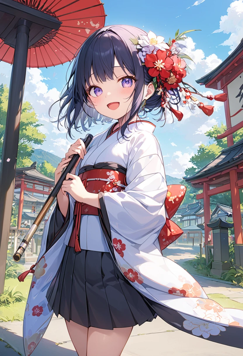 masterpiece, best quality, score_9, score_8_up, girl, petite, smile, open mouth, outdoor, kimono,